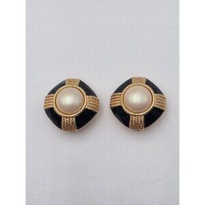 VTG GJD Ginnie Johansen Black Enamel and Goldtone Faux Pearl Clip-On Earrings
